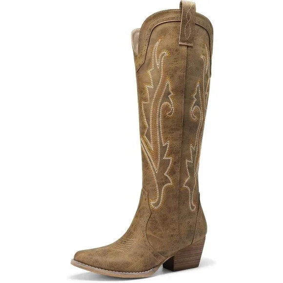 Womens Faux Leather Tan Embroidered Side Zipper Chunky Heel Retro Tall Boot - Picture 1 of 9